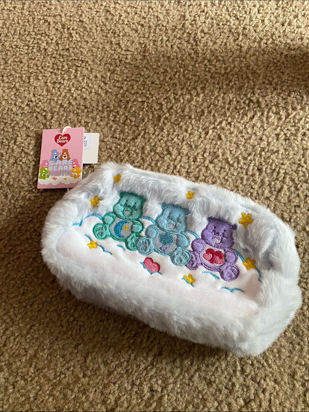 Care Bears White Plush Pouch with Teal, Blue, and Purple Bear Embroidery